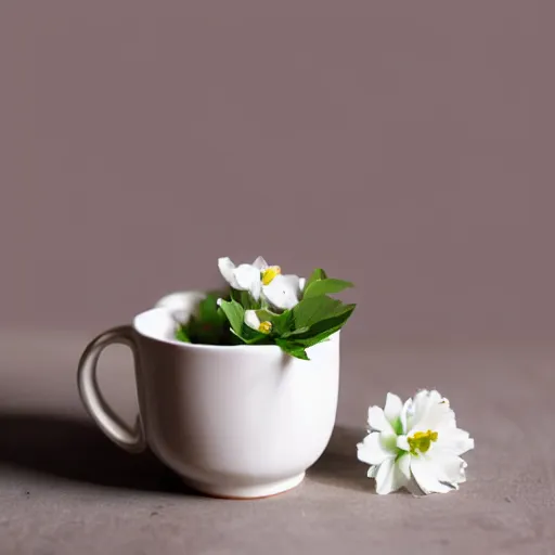 Image similar to ceramic mug surrounded by white flowers and green leaves, soft clean zen minimalist, white background, brightly lit, cool crisp