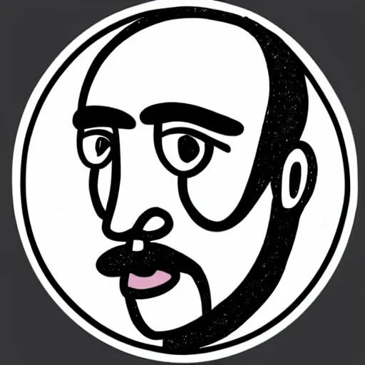 Image similar to hand - drawn minimalistic line portrait of bald man with round face, short beard, small round eyebrows, wide lips and kind blue eyes, black and white, pictogram, ink, pencil