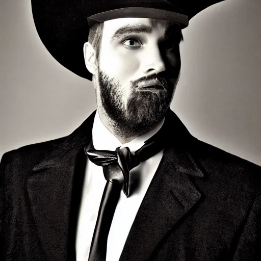 Image similar to a gentleman wearing a tall black leather hat, cinematic style