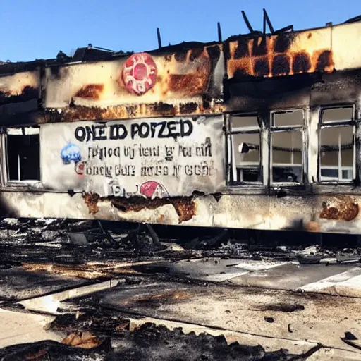 Prompt: the outside of a large burnt down pizza place