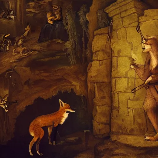 Image similar to a Fox explores a Dungeon, luminous, Renaissance Painting