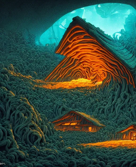 Prompt: a cabin made out of exotic fungus, weird fungus and tendrils, spaceship, sci - fi, robots, somber, partly cloudy, hellscape, hell, fire, brimstone, lava, by dan mumford, yusuke murata, makoto shinkai, ross tran, cinematic, unreal engine, cel shaded, featured on artstation, pixiv