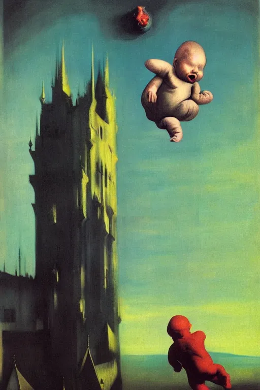 Image similar to evil human giant baby falling from tower, hauntingly surreal, highly detailed painting by francis bacon, edward hopper, adrian ghenie, gerhard richter, and james jean soft light 4 k,