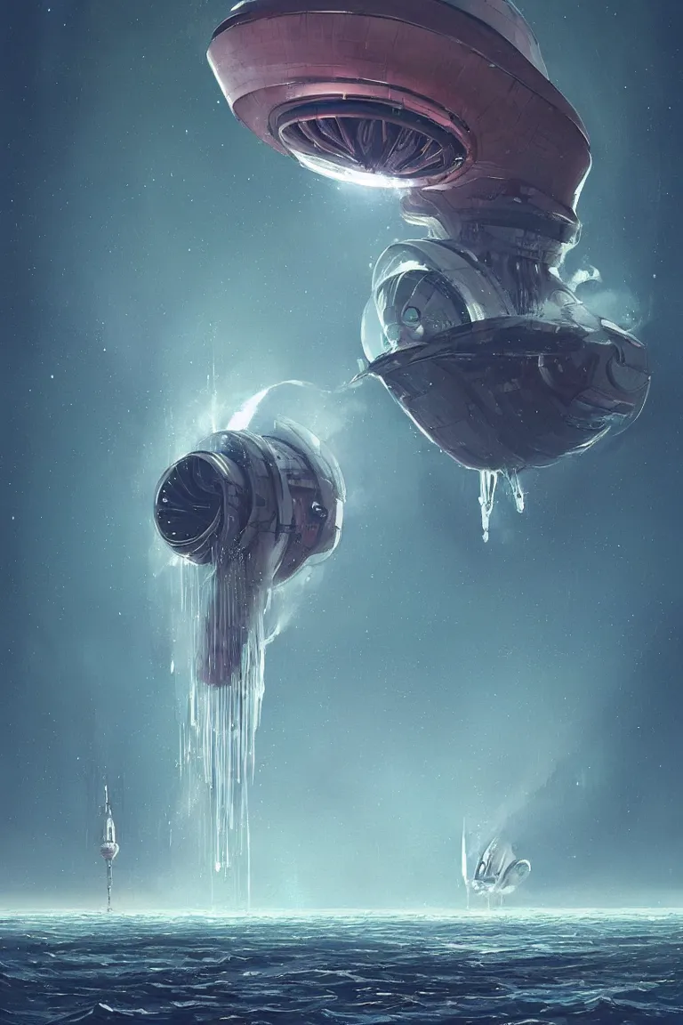 Image similar to mechanical spaceship nautilus dripping wet emerging from a the ocean, launching to space, big booster rocket engines, sci - fi concept art, by john harris, by simon stalenhag, stunning, award winning