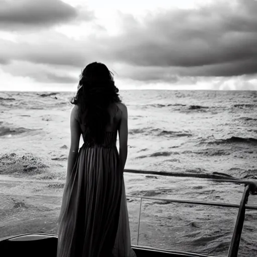 Prompt: A visibly melancholic sad and astonishingly beautiful woman in the middle of the ocean. beautiful face. detailed. gorgeous face features. tumultuous sea. cloudy. long wavy hair. long wavy white dress. black and white. 24mm lens. shutter speed 1/1. iso 150. f/2.8 W-1024