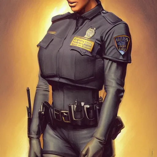 Image similar to kim kardashian as a cop, police uniform, full body view, full pov, haunted house interior, pretty, aesthetic, dust molecules, matte detailed photo, DeviantArt, Artstation, by donato giancola, ralph horley, loish, cinematic lighting