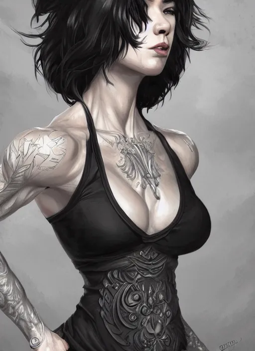 Image similar to a black haired woman in a tank top, muscular upper body, abs, d & d, fantasy, intricate, elegant, highly detailed, digital painting, artstation, concept art, smooth, sharp focus, illustration, art by dayer diego