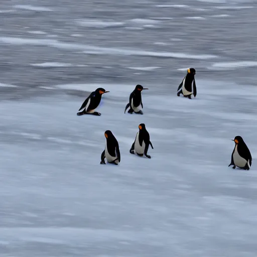 Image similar to penguins being chased by lightening while running on ice, wildlife photography, highly detailed, high quality, 8 k, soft lighting,