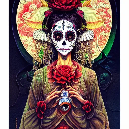 Image similar to beautiful portrait painted in jacek yerka and aykut aydogdu style drawn by sasha bom and takato yamamoto, inspired by dia de los muertos, intricate acrylic gouache painting, high detail, sharp high detail, artstation, manga and anime