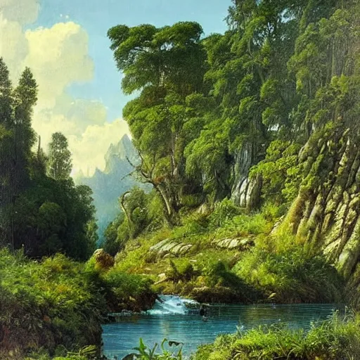 Image similar to painting of a lush natural scene on an alien planet by ivan shishkin. beautiful landscape. weird vegetation. cliffs and water.