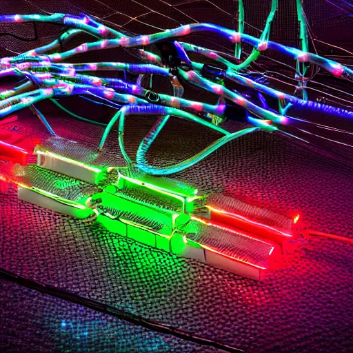 Prompt: a modular synthesier designed by giger with glowing leds and colorful cables, product photo, dark background