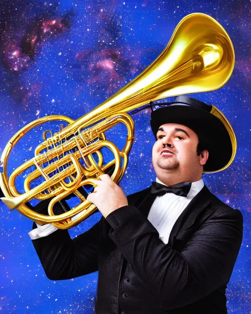 Prompt: photorealistic studio portrait of ian karmel playing a french horn, wearing a top hat, with a space background