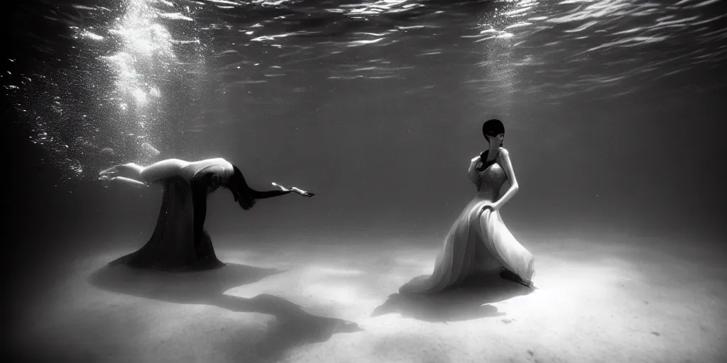 Prompt: deep underwater photography of beautiful model in flat dress in large underwater ballroom by emmanuel lubezki