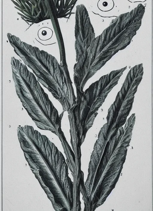 Image similar to scientific botanical illustration of a green plant with eyeballs instead of flowers