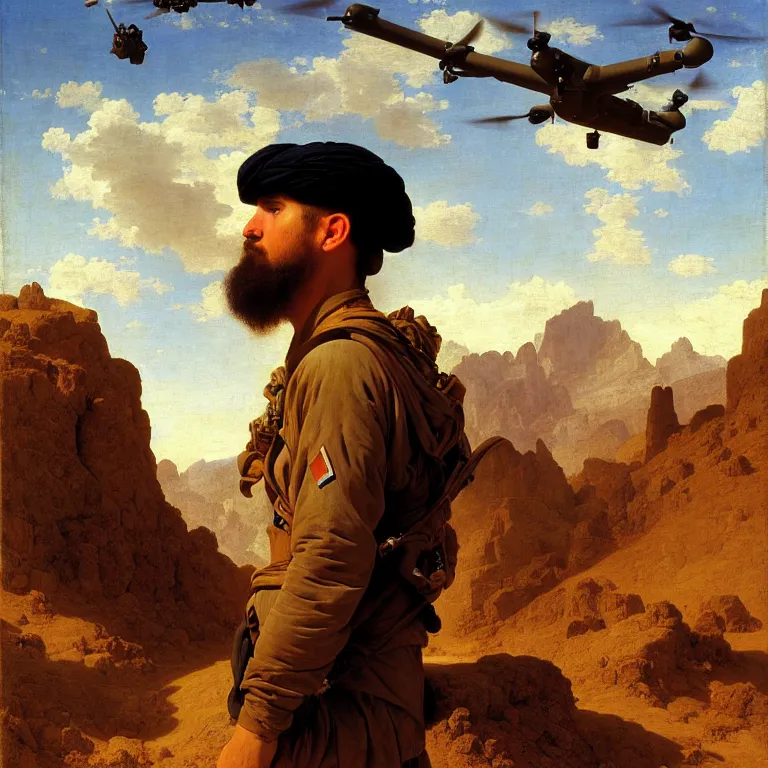 Image similar to portrait of a us soldier in afghanistan, majestic, posing, humvee, drones in the sky, desert, fine art portrait painting, strong light, clair obscur, by diego velazquez, by jean honore fragonard, by peter paul rubbens, by bouguereau, by caravaggio