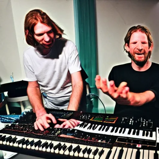 Prompt: Aphex Twin playing with his homemade synthesizers