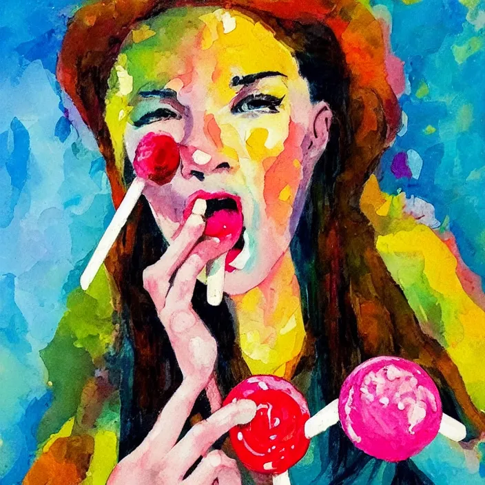 Image similar to portrait of beautiful woman licking a lollipop painted with colorful gouache impasto