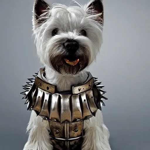 Image similar to “ west highland terrier clad in iron armor with spikes, with a gun glued to his head. ”