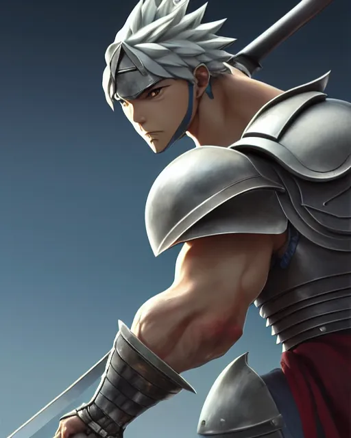 Image similar to strong muscular warrior with a greatsword and fully clad in plate armor, dramatic action pose, square masculine jaw, short messy hair, 3 d octane render, unreal engine 5, ultra high detail, cel shaded, trending on pixiv fanbox, by greg rutkowski makoto shinkai takashi takeuchi studio ghibli, akihiko yoshida