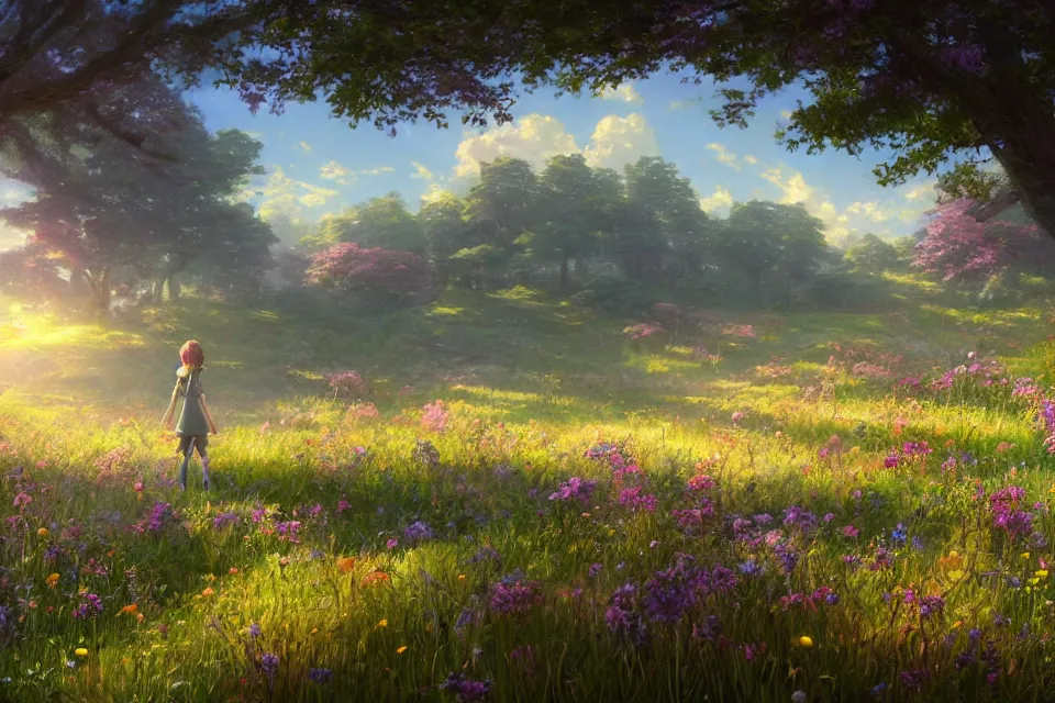 Prompt: Rendering of a scene with a meadow full of wild flowers, by Makoto Shinkai and Thomas Kinkade, fantasy matte painting, trending on cgsociety and unreal engine, light effect, highly detailed, super wide angle