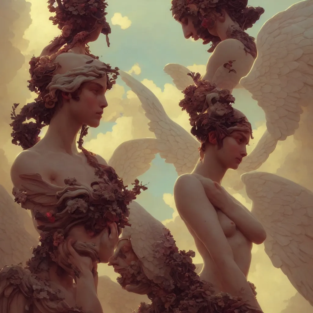 Image similar to beautiful very extreme closeup portrait, stone angels statues, unreal engine, greg rutkowski, loish, rhads, beeple, tom bagshaw, alphonse mucha, global illumination, detailed and intricate environment