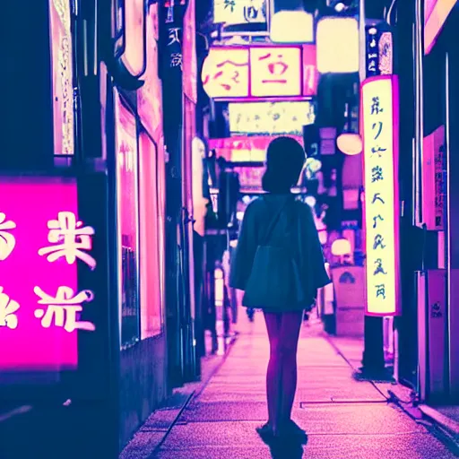 Image similar to a dramatic colorful fujifilm photograph of a young japanese girls silhouette standing in the middle of a tranquil nighttime tokyo street with neon signs