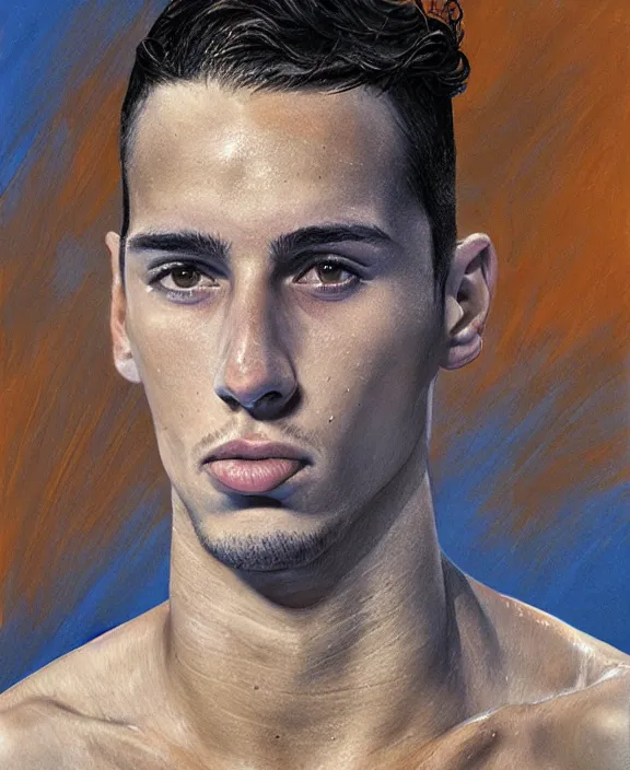 Prompt: portrait of a handsome young spanish swimmer, art by denys tsiperko and bogdan rezunenko, hyperrealism