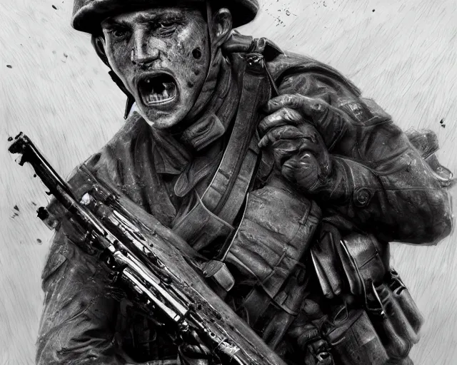 Image similar to A soldier with a hateful face aiming a machine gun at a cat, world war 1, close-up, realistic face, beautiful face detail, mature facial features, black and white, amazing digital art, hyper detailed, artstation, in the style of Tony Sart