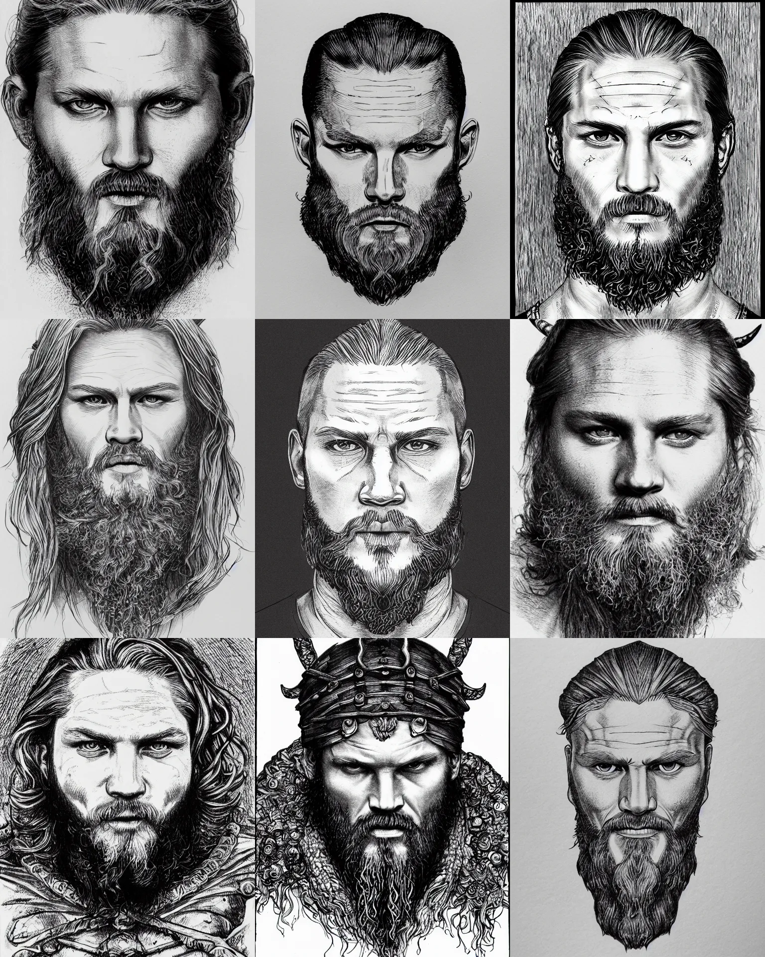 Prompt: detailed october ink drawing of a head of a beared viking travis fimmel ragnar face, white wall background, front face symmetrical, trending on artstation by rob plater gustave dore