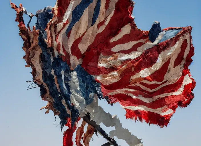 Prompt: pieces of a ripped flag!!!, chicken feathers and saw dust molten and restructured into a beautiful!!!, abstract!!! sculpture of an eagle, high contrast, award winning photo, dslr, high quality