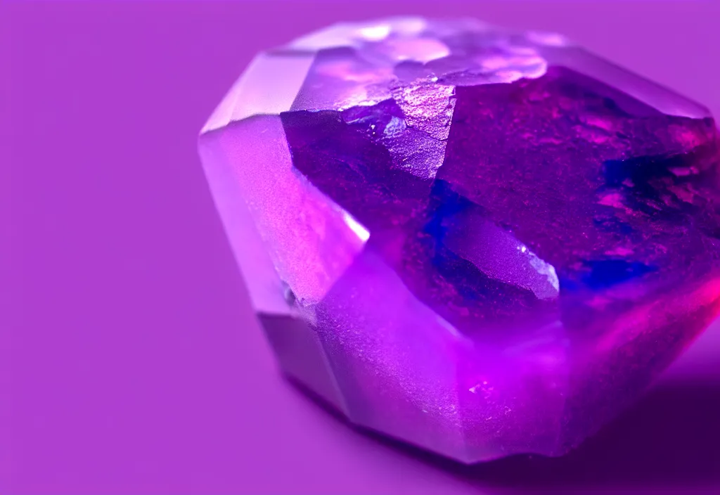 Prompt: raw purple gemstone rendering, photorealistic, bright backround, photography, artstation