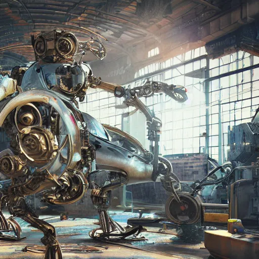 Prompt: he inside of a futuristic mechanic workshop, highly detailed interior, scrap metal on workbenches, half - finished robot, mechanical bugs in a display case, holographic screen in center frame, trending on artstation, cryengine render, 8 k