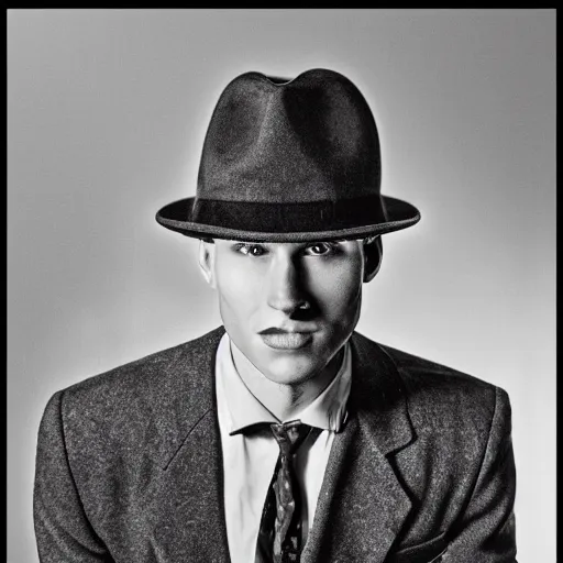 Image similar to A photograph portrait of Jerma985 wearing a suit with and fedora in the 1940s, taken in the early 1940s, grainy, taken on a 940s Kodak Camera, realistic, hyperrealistic, very realistic, highly detailed, very detailed, extremely detailed, detailed, digital art, trending on artstation