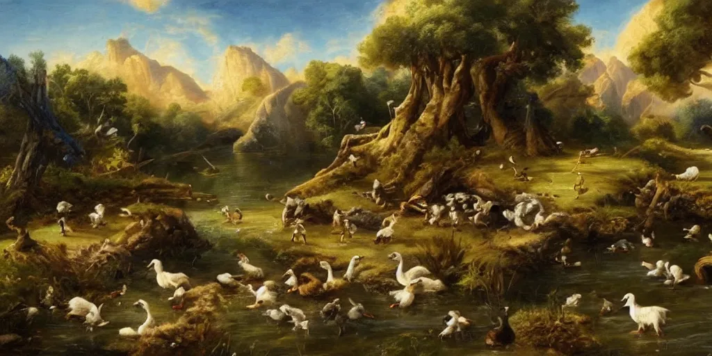 Prompt: fantasy landscape, ducks and goats going to war