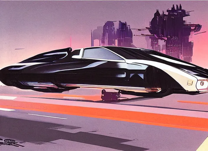 Prompt: syd mead concept art, raplh mcquarrie. mach 5 speed racer, kitt 1 9 8 2 pontiac trans am. style blade runner 2 0 4 9, retro, retro futurist. concept art by syd mead and star wars