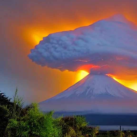 Prompt: magnificent Osorno volcano erupting during sunrise, electrical storm above