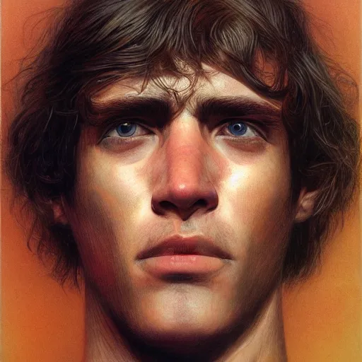 Prompt: a head - on portrait of a 2 0 - something engineering student, brown messy hair, by wayne barlowe