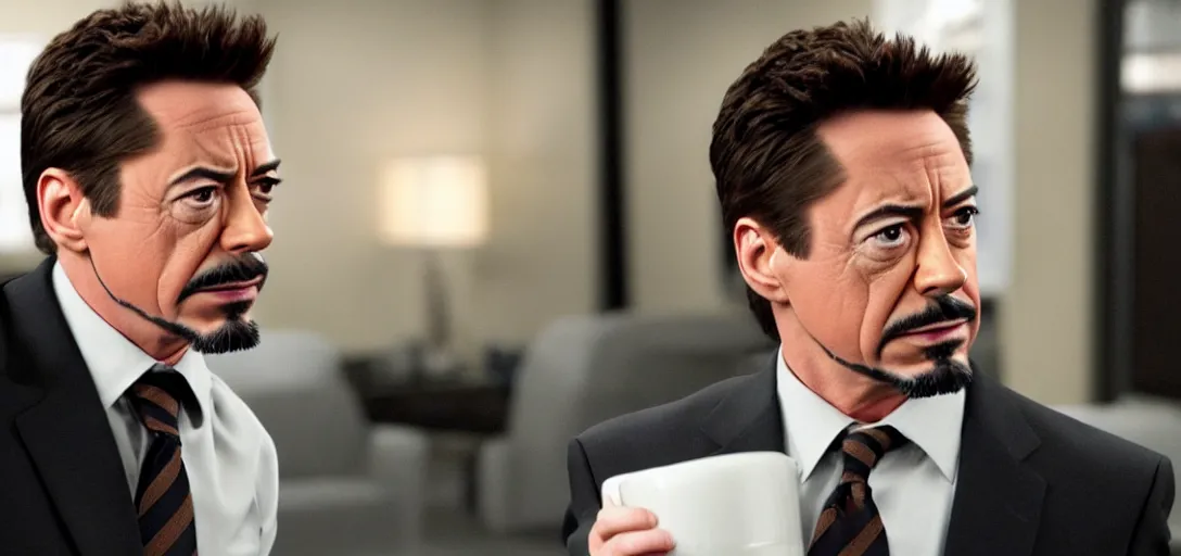 Prompt: a very high resolution image of tony stark, from an episode of the office. photorealistic, photography