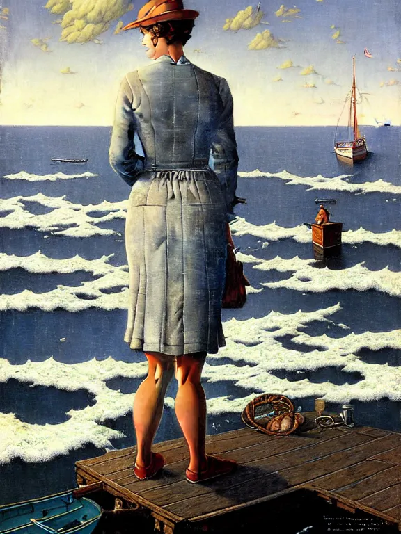 Prompt: a fancy beautiful woman standing on a wharf at the edge of a cold sea by rob gonsalves and ruth deckard and gil elvgren and harry ekman and george petty and hilo chen and norman rockwell, crisp details, hyperrealism, high detail, high contrast, low light, grey mist, cobblestones, dim lantern