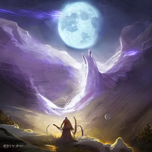 Prompt: the moon and a light pillar magic spell, epic fantasy style art, fantasy epic digital art, epic fantasy card game art