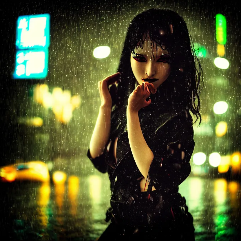 Image similar to a photo close up cyberpunk woman dance in rain, cyberpunk gunma prefecture, midnight, photorealistic, cinematic lighting, highly detailed, bokeh, style by tomino - sama