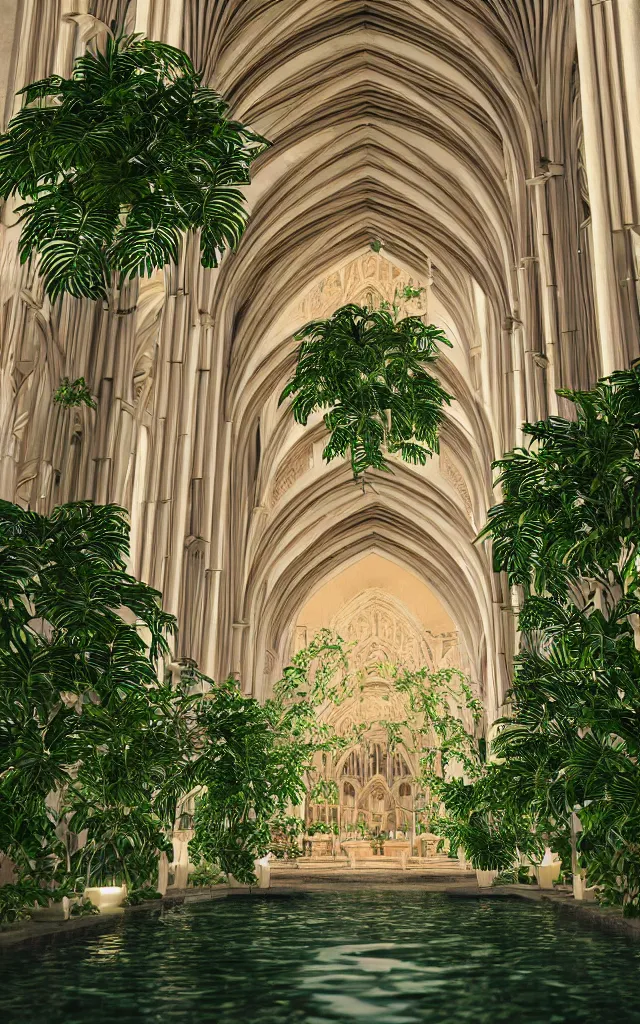 Prompt: beautiful grand cathedral interior with!! koi pond!! in the! middle! surrounded by palm trees, ivy, flowers!!, tropical plants, roses!!, and with archways, rendered in octane render with photorealistic volumetric cinematic lighting, wide angle, horizontal symmetry, 8 k