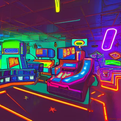 Image similar to a labyrinth of 90s arcade machines, dark neon lighting, artstation, high res, 4k