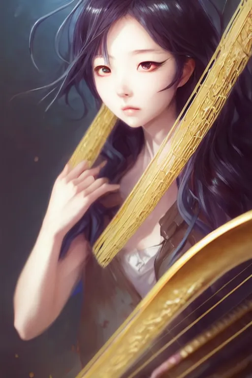 Image similar to portrait anime girl playing harp by hyeyoung kim, stanley artgerm lau, wlop, rossdraws, james jean, andrei riabovitchev, marc simonetti, and sakimichan, full body portrait, intricate, face, elegant, beautiful, highly detailed, dramatic lighting, sharp focus, artstation, frostbite engine