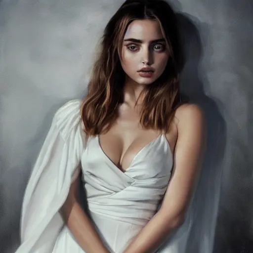 Prompt: portrait of beautiful happy young ana de armas wearing a beautiful silky white dress, painted by greg rutkowski, stanley artgerm, igor kieryluk, coherent, hyper realistic