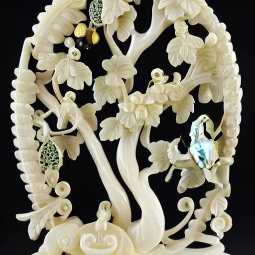 Image similar to a intricate ivory carving sculpture with birds lemons jade stones and jungle leaves, ornate, complex, highly detailed, fine detail