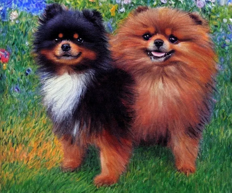 Image similar to brown and black pomeranian, cute, monet, oil painting