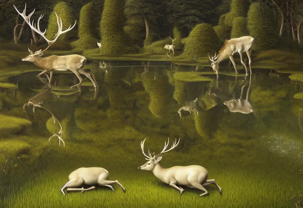 Prompt: hyper detailed 3d render like a Oil painting - white stag drinking from reflecting pool in a peaceful lush meadow, by Jacek Yerka, Mariusz Lewandowski, Houdini algorithmic generative render, Abstract brush strokes, Masterpiece, Edward Hopper and James Gilleard, Zdzislaw Beksinski, Mark Ryden, Wolfgang Lettl, hints of Yayoi Kasuma, octane render, 8k