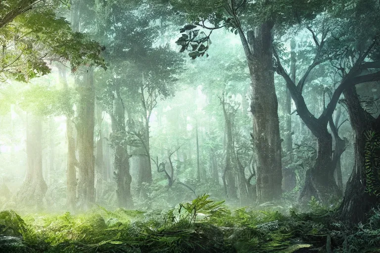 Image similar to a clearing in the forest, sharp focus, matte painting, illustration, concept art, ancient city covered in foliage