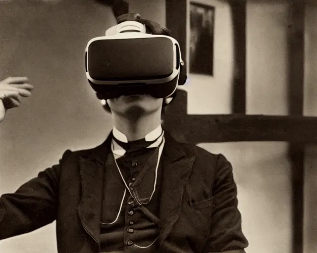 Image similar to 1 9 0 0 s photo of a person wearing a vr virtual reality headset